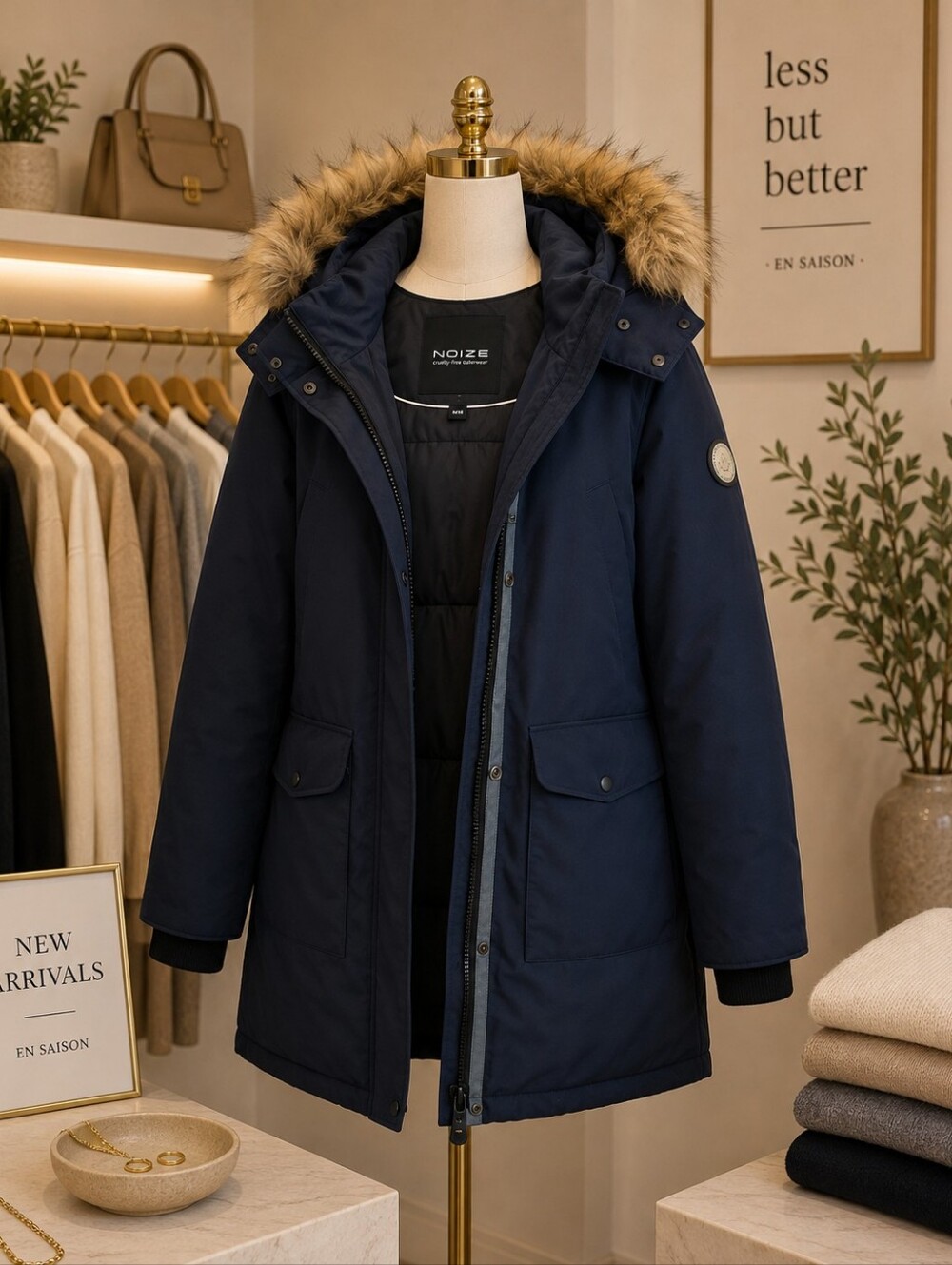 NOIZE Women's Fur Trim Hooded Puffer Coat Blue